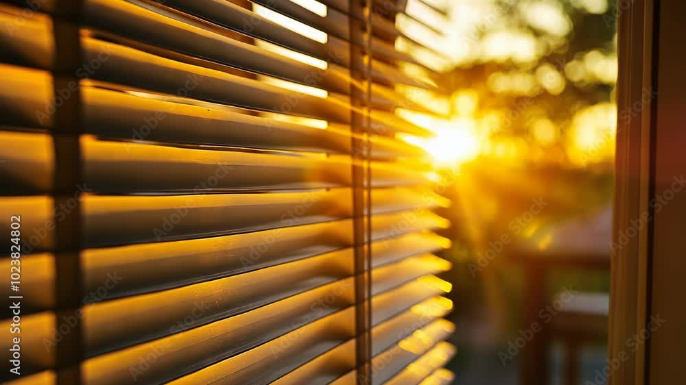 Poster golden sunlight streams through blinds in a window, creating a warm and inviting atmosphere