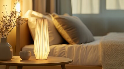 A bedside fabric lamp casts a warm glow in a cozy bedroom, illuminating a table with white pillows and complementing the room's contemporary decor, creating a tranquil and inviting atmosphere. 