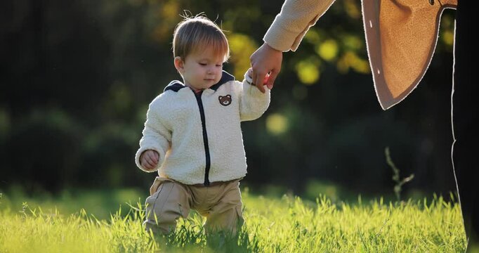 Slow motion, cute boy walking in a grass holding mother hand