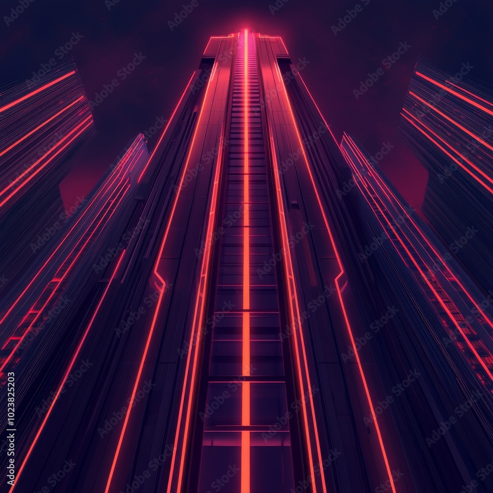 Poster clean and simple design of a skyscraper with retro-futuristic neon lights.