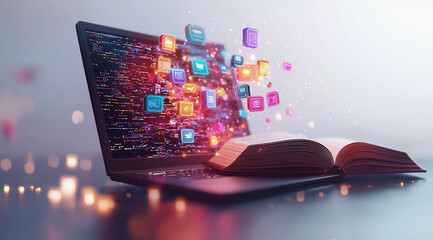 Fototapeta premium Open laptop with floating colorful icons and digital content in a vibrant futuristic scene. 