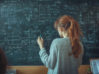 Creative young woman engaged in mathematical problem-solving in a classroom setting