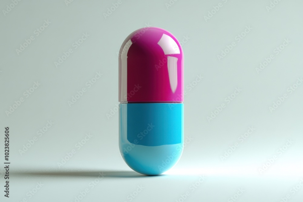 Wall mural minimalist image of a two-toned capsule with reflective pink and blue halves