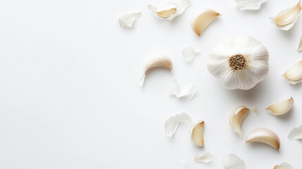Fresh Garlic Bulb and Cloves on White Background