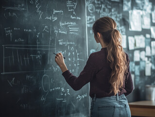 Creative young woman engaged in mathematical problem-solving in a classroom setting