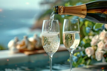 Charming scene of cold sparkling wine poured into coupe glasses with scenic sea view on table