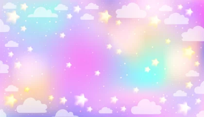 Fototapeten Lila Dreamy unicorn sky background. Magic rainbow landscape with clouds and stars for fantasy princess design. Dream core concept. Stock vector illustration in surreal realistic style.  © Daaridna