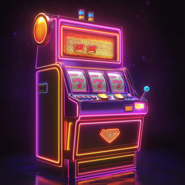 Neon-lit slot machine with glowing 7 symbols in a dark retro gaming scene.
