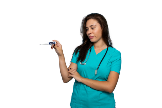 Portrait of a young nurse in scrubs holding a thermometer