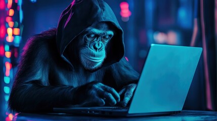 Fototapeta premium A chimpanzee wearing a black hoodie uses a laptop computer in a dark room with colorful lights in the background.