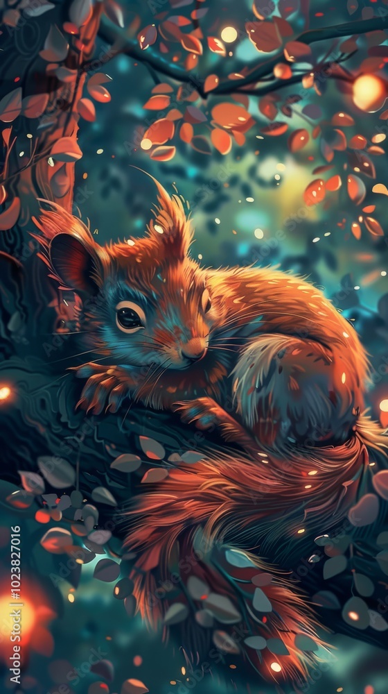 Poster a squirrel is resting on a tree branch. the image has a warm and cozy feeling, with the squirrel loo