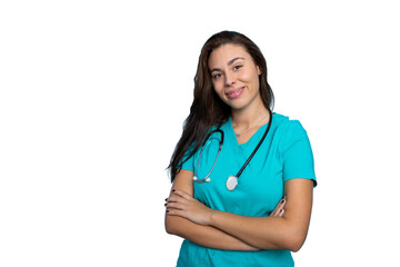 Confident young nurse in scrubs posing