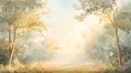 Forest glade at dawn, sunlight, mist, with the beauty of nature. Morning sunrise in forest woods trees nature outdoors outside. autumn woodland scene. Autumn Background banner, copy space