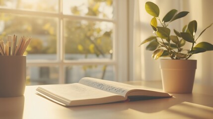 open book on green wildflowers meadow publication window plant. background image of a spring morning. Poster, banner