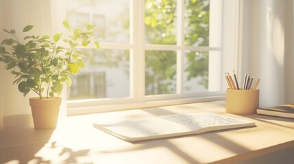 open book on green wildflowers meadow publication window plant. background image of a spring morning. Poster, banner