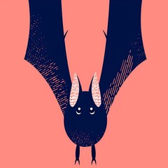 Cute flying bat on coral red background.  Spooky little vampire. International Bat Night. Funny Halloween character for design greeting card, banner, poster