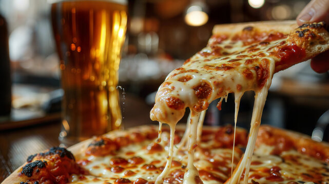 Cheesy pizza slice and cold beer in cozy pub ambiance