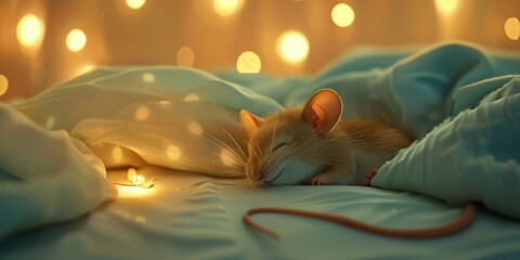 A cute mouse sleeping soundly on a cozy bed, surrounded by glowing fairy lights, creating a warm and serene atmosphere.