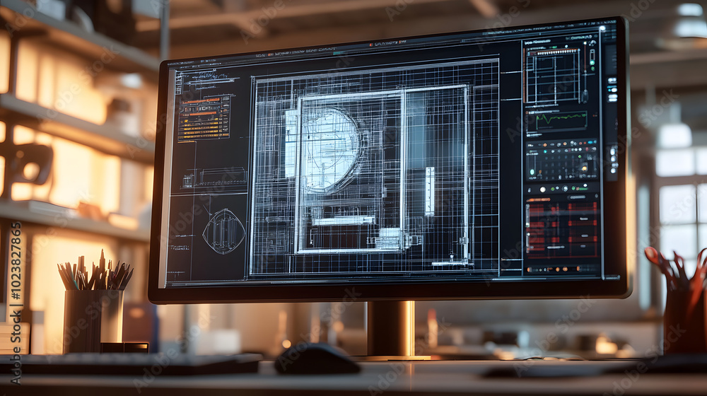 Poster a close-up, realistic image of a construction cad drawing on a large monitor, with various tools and