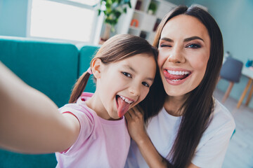 Photo of crazy cheerful good mood mommy and daughter recording video blog indoors living room