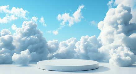 3D podium with clouds on a blue sky background
