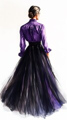 Fashion illustration of a full-length model wearing a long, flowing lilac purple tulle skirt with a shirt and black shoes
