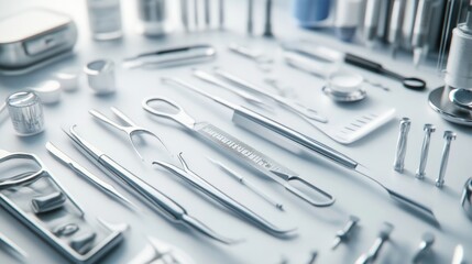 An array of medical tools on a clean, white surface with soft lighting