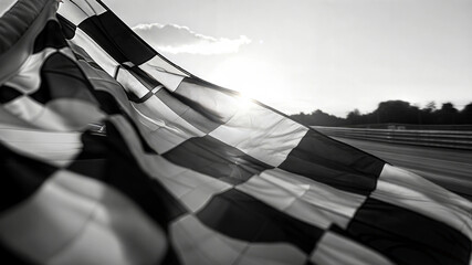 Black and white checkered flag waving in the sunlight at a racetrack finish line
