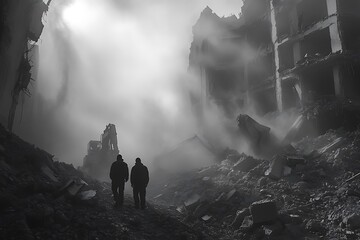 Two men stand amidst the ruins of a destroyed city