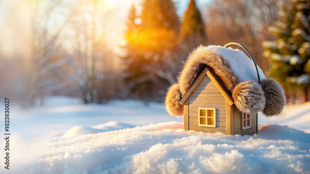 Wall mural Toy colorful house in winter hat, earmuffs and knitted scarf on the background of winter snowy forest. Concept of warm cozy house, cold winter.