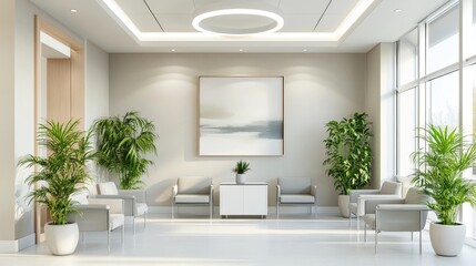 An elegant waiting area in a modern clinic with art and plants