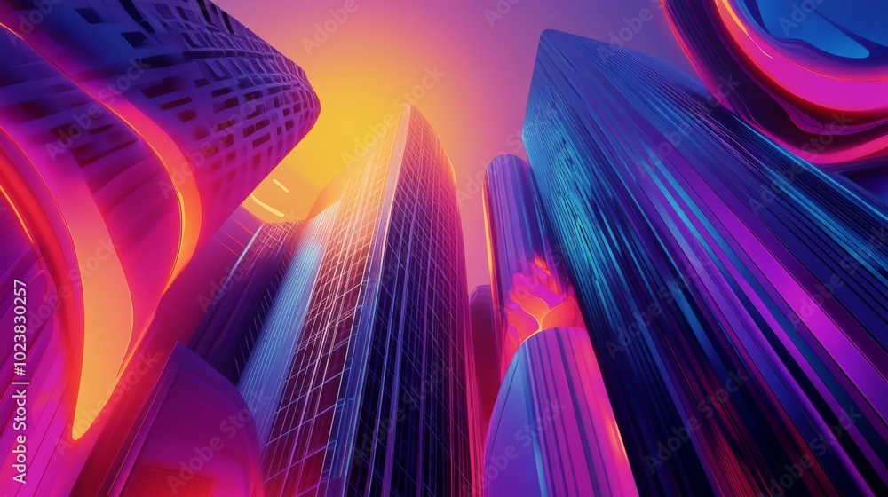 Poster dynamic abstract scene featuring a synthwave skyscraper, highlighted by vibrant colors and swirling 