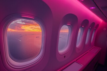 Stunning sunset over the ocean viewed through an airplane window during a serene night flight
