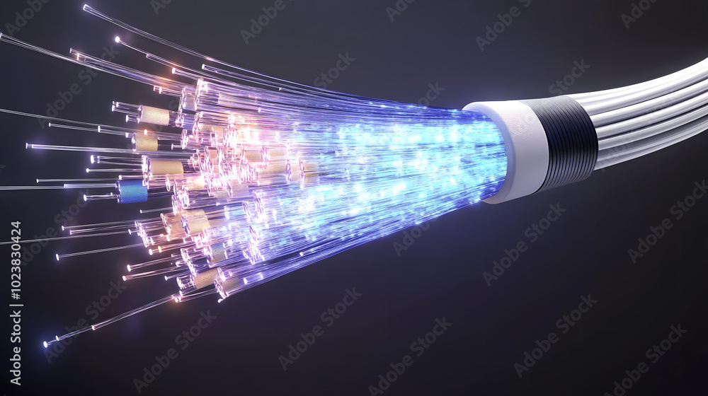 Aufkleber 3d rendering of a fiber optic cable bursting with data, transmitting light pulses as a representatio