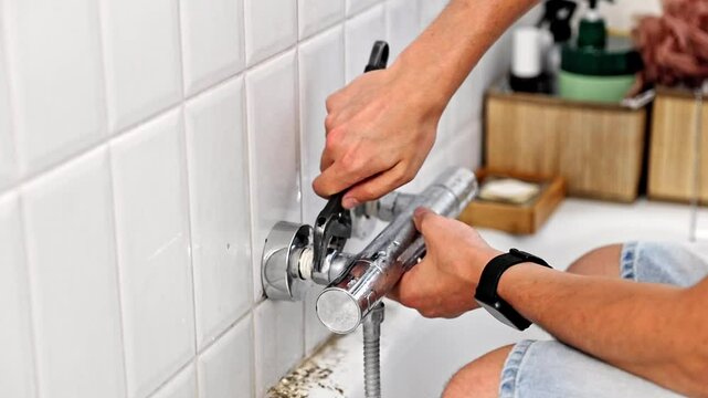 A man unscrews the faucet nut using an adjustable wrench.