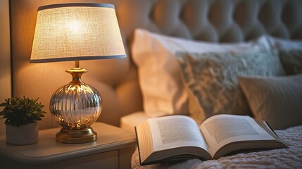 A stylish lamp and open book rest on a bedside table beside a bed, creating a cozy and inviting atmosphere in the room. 