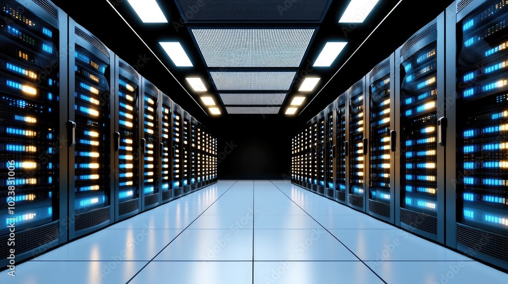 Aufkleber rows of advanced server cabinets with glowing blue lights fill the data center, illuminated by overh