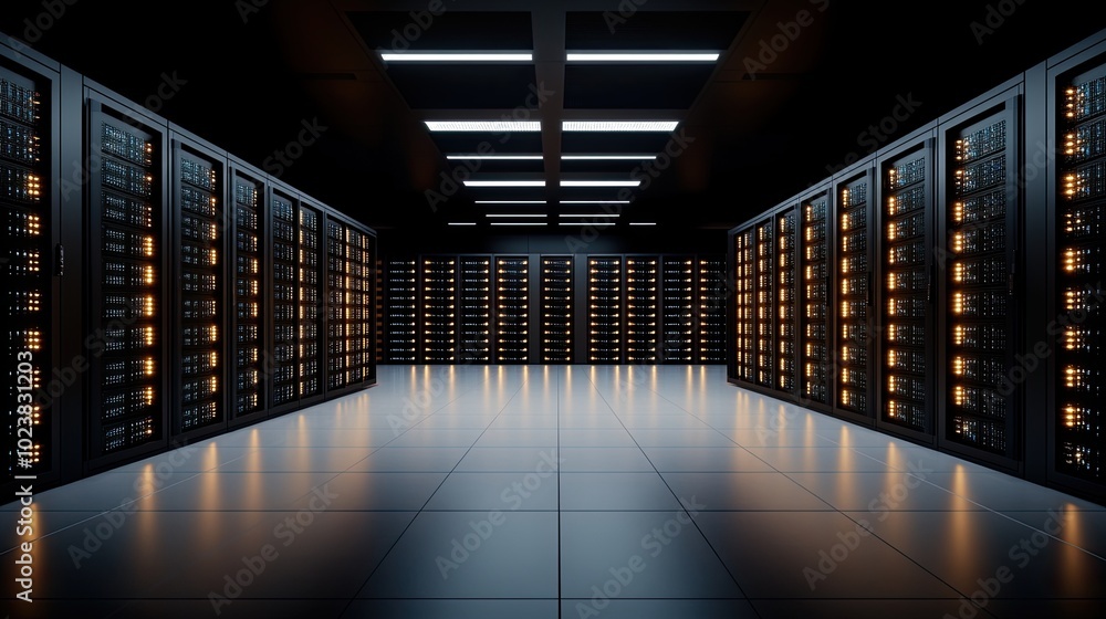 Aufkleber rows of advanced server cabinets with glowing blue lights fill the data center, illuminated by overh