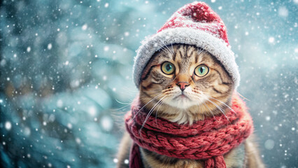 Red cute cat in a hat and scarf in winter. The concept of home comfort, winter cold and winter fashion.