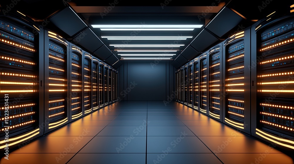 Poster rows of advanced server cabinets with glowing blue lights fill the data center, illuminated by overh