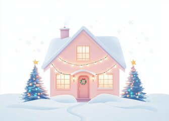 Naklejka premium A Festive Winter Scene with a Cozy House and Christmas Trees