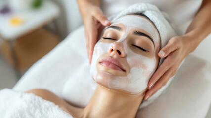 Beautician hands with cream against patient face.