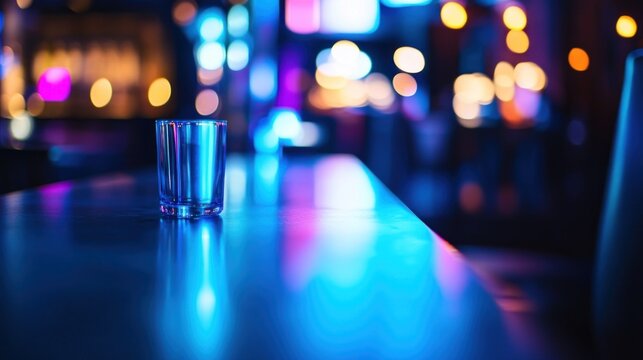 Empty glass on a bar counter with colorful lights in the background.