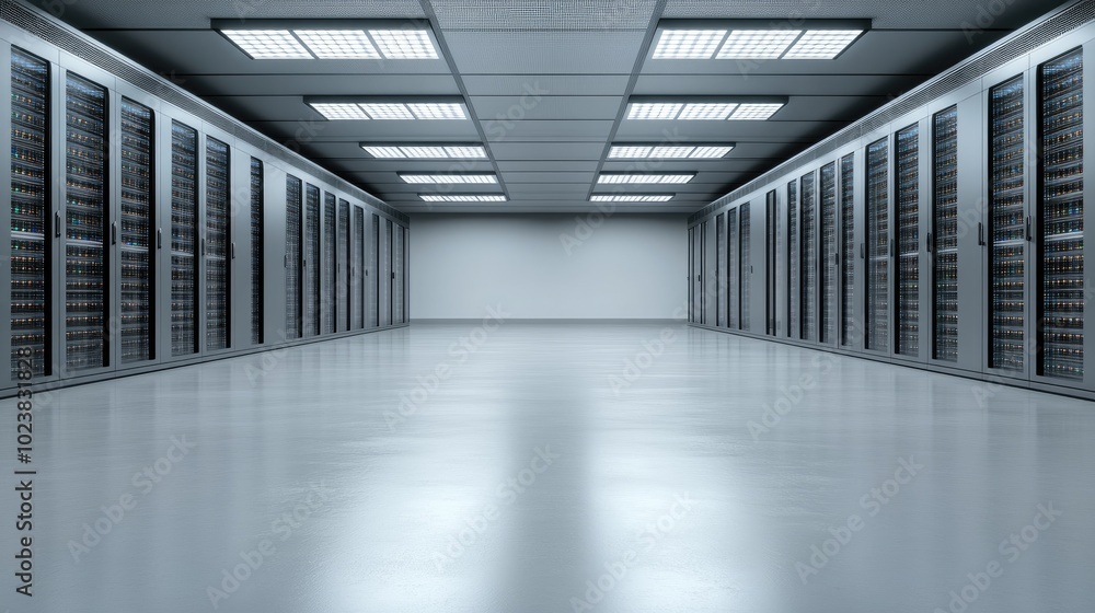 Poster rows of advanced server cabinets with glowing blue lights fill the data center, illuminated by overh