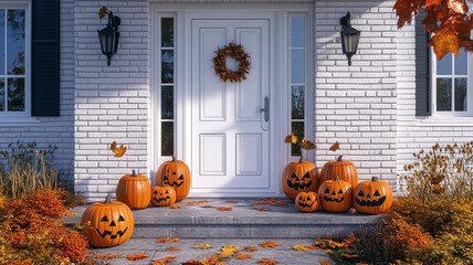 Obraz premium spooky and inviting atmosphere with Halloween-themed porch decor. Featuring carved pumpkins, autumn leaves, and lanterns,