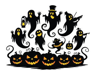 Dark Pumpkins with Ghost Vector EPS Template Illustration
