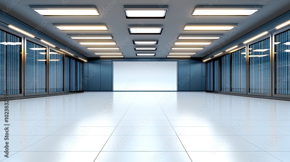 Aufkleber rows of advanced server cabinets with glowing blue lights fill the data center, illuminated by overh