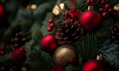 A Christmas wreath with red and gold ornaments and pine cones