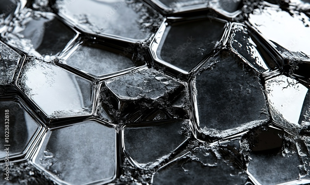 Poster a close up of a shiny, metallic surface with hexagonal shapes