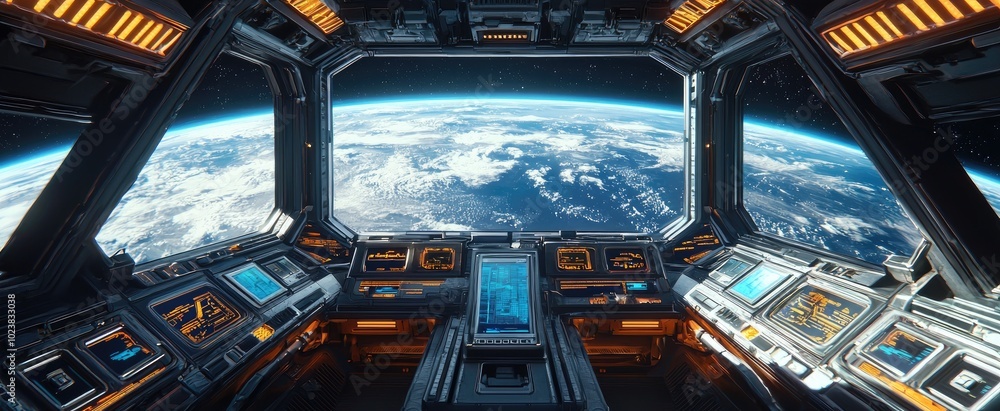 Poster spaceship cockpit with view of earth from orbit